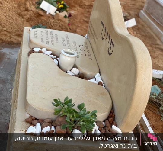 מצבה עם כיתוב בעברית, אבנים וצמחייה קטנה